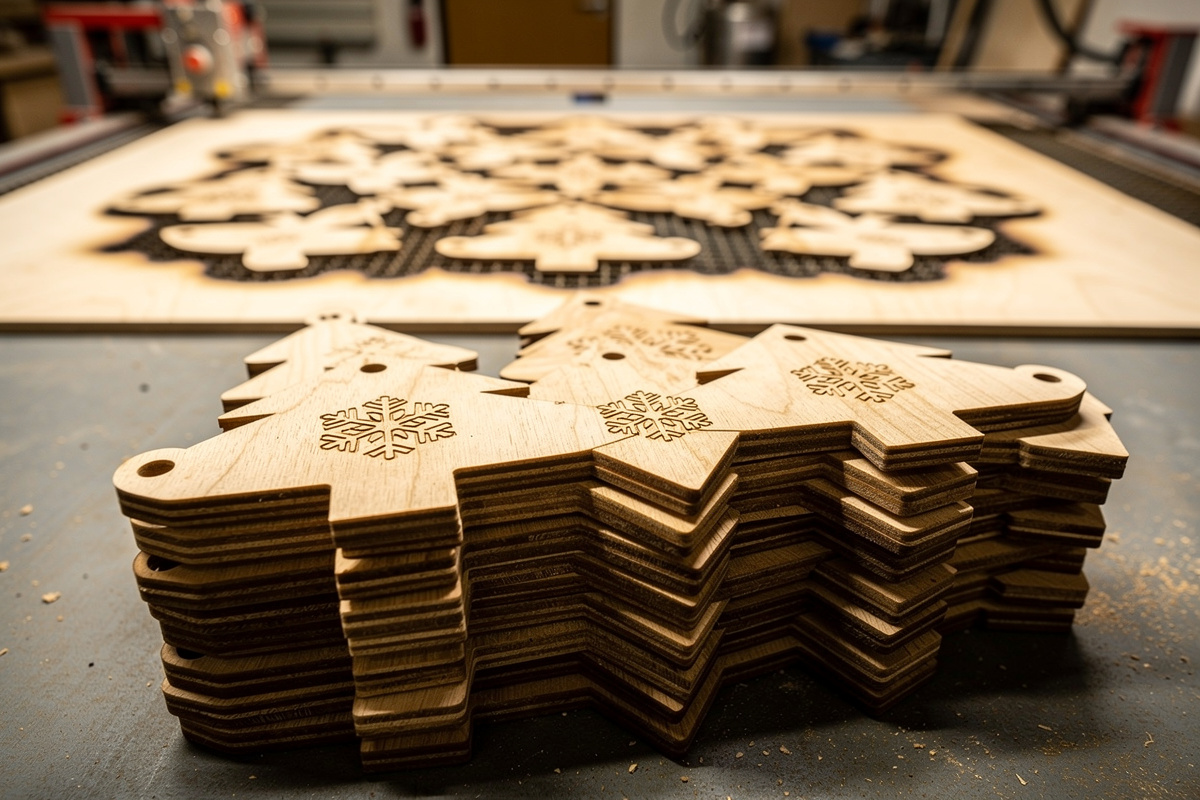 Stack of identical laser-cut wooden Christmas tree ornaments produced from one plywood sheet