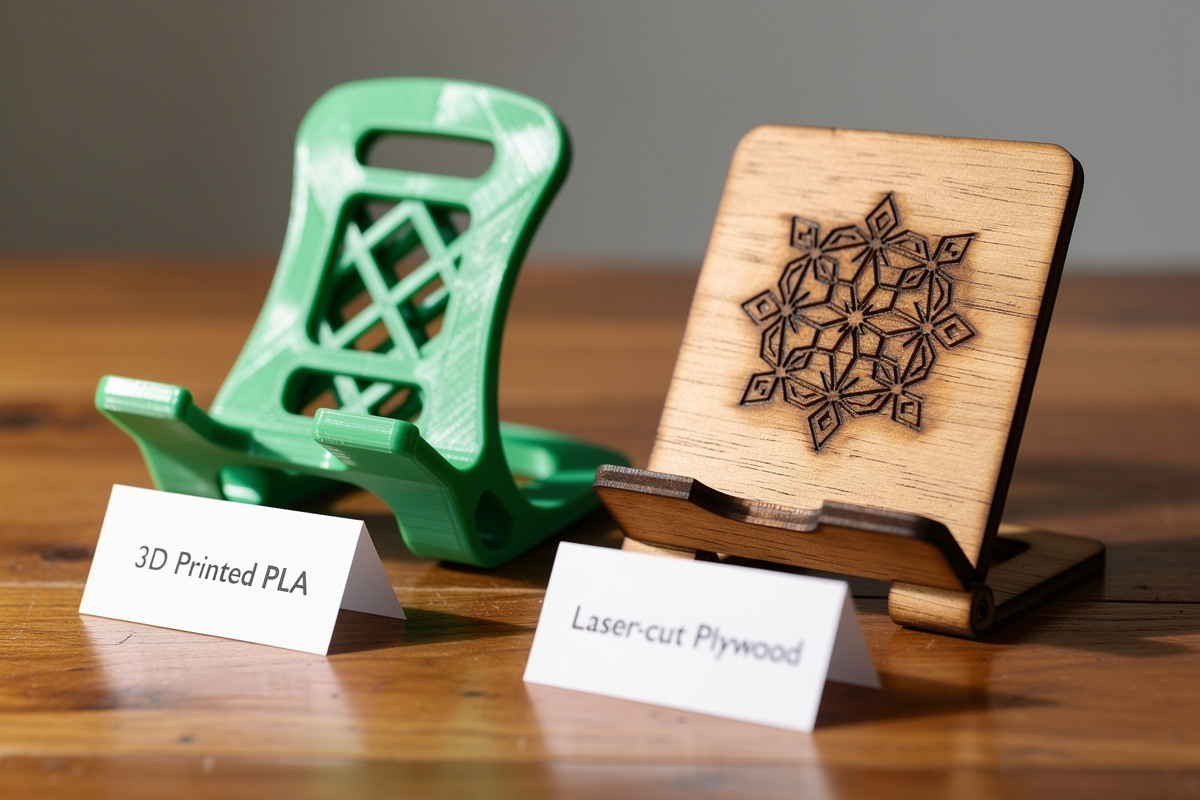 Side by side comparison of a 3D printed phone stand and a laser cut plywood phone stand