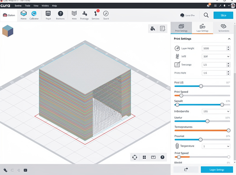 Cura slicer software interface showing a 3D calibration cube model with sliced layers and print settings panel