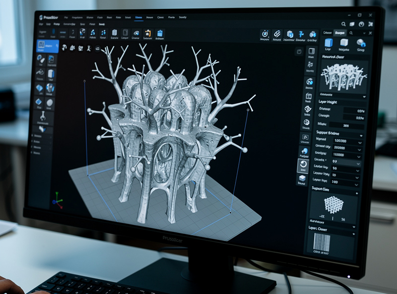 PrusaSlicer interface displaying organic tree supports on a complex 3D model in dark mode