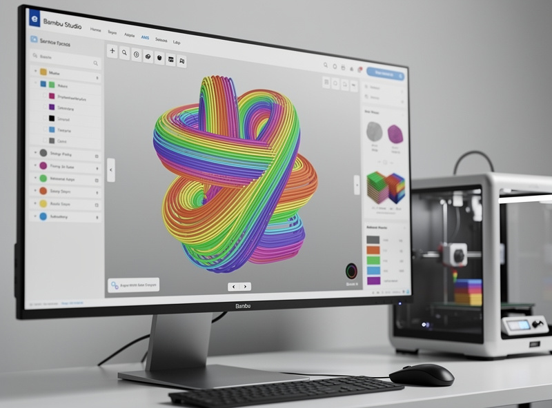 Bambu Studio interface showing multi-color 3D print preview with AMS unit and rainbow filament paths