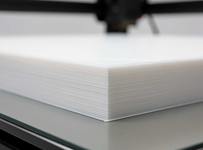 Close-up of a clean white PLA 3D print with sharp corners and crisp layer lines on a heated bed
