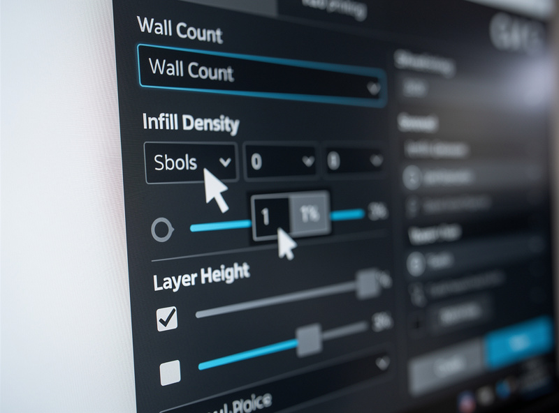 Cura settings panel showing wall count, infill density, and layer height settings
