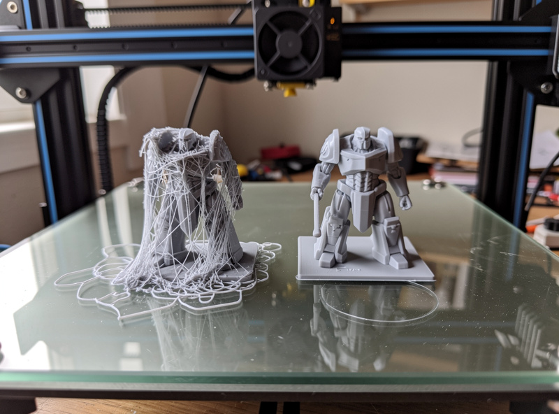 Comparison of failed PLA print with stringing and warping next to a clean successful print on the same printer