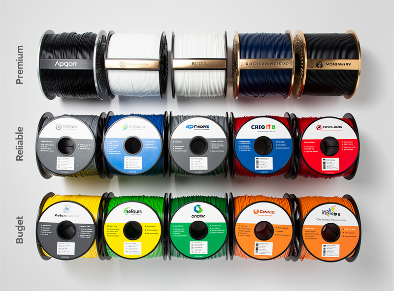 Fourteen 3D printer filament spools from different brands arranged in tiers on a workbench with each spool labeled by brand name