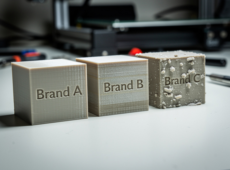 Side-by-side comparison of three printed test cubes labeled Polymaker Sunlu and budget brand showing differences in surface quality and dimensional accuracy