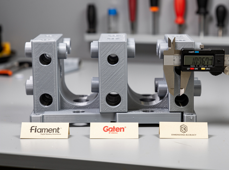 Three identical 3D printed mechanical parts on a workbench printed in different brand filaments demonstrating quality differences with magnifying glass for detail