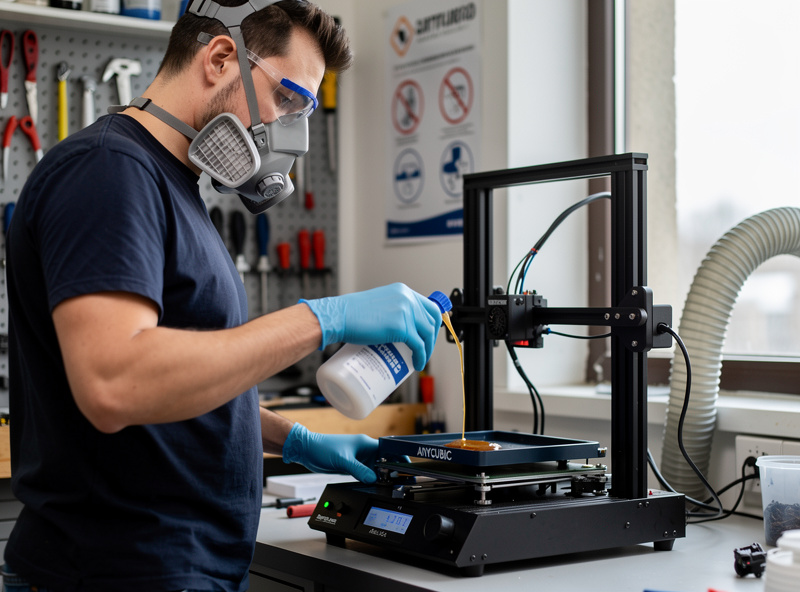 Resin printing safety setup with gloves and respirator