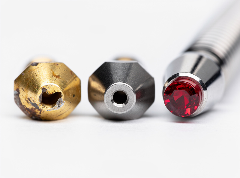 Hardened steel nozzle and ruby tipped nozzle side by side next to a brass nozzle with visible wear damage from carbon fiber abrasion