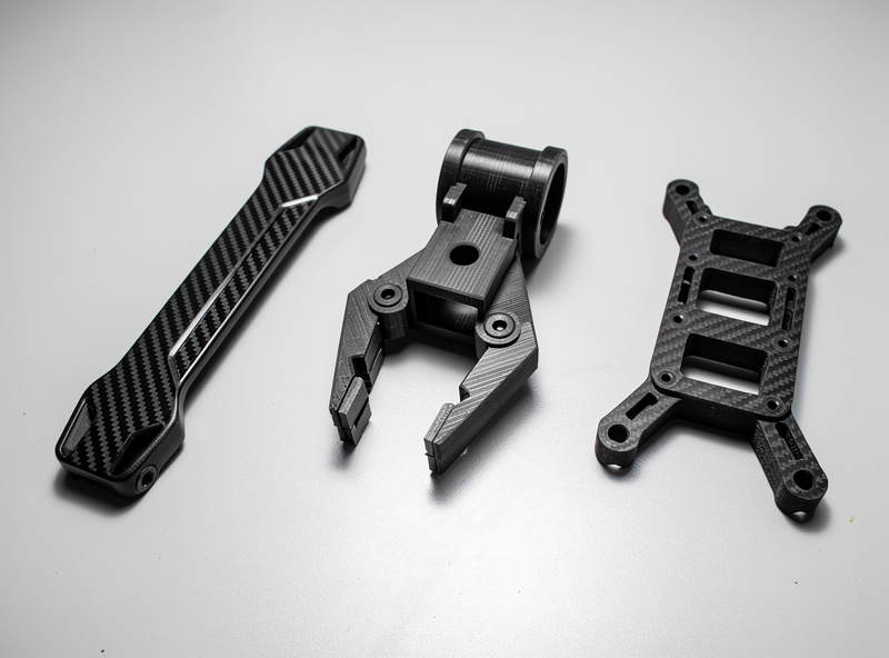 Three completed carbon fiber 3D printed parts on a workbench: a drone frame arm a robotic gripper and a structural bracket showing the fiber alignment pattern