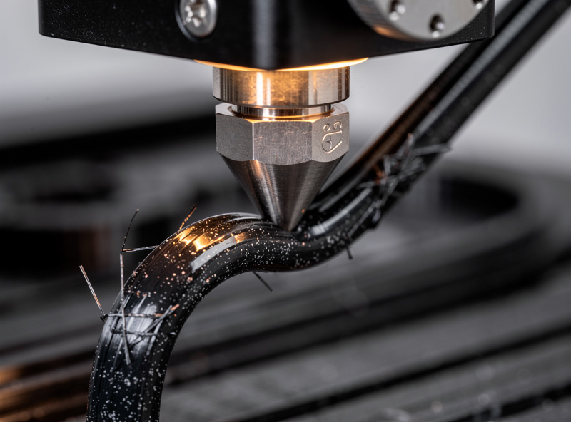 Close-up of Creality K1C hotend printing PA-CF carbon fiber