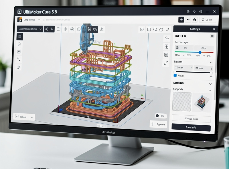 Cura 5.8 software interface displaying a 3D model with print preview layers and settings panel