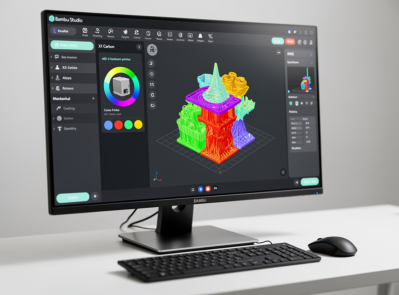 Bambu Studio AMS color picker showing multi-color print preview with X1 Carbon profile