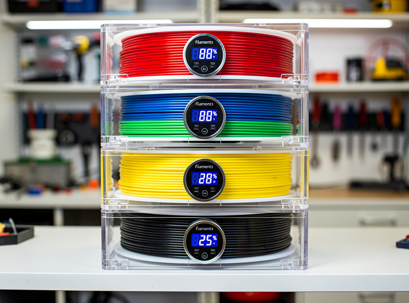 Multiple filament dry boxes stacked on a workshop shelf each containing one filament spool with visible hygrometer displays showing humidity readings
