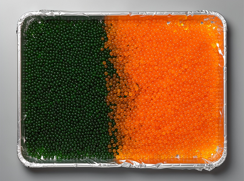 Indicating silica gel beads spread on a foil lined oven sheet showing color change from orange dry to green saturated for visual desiccant status check