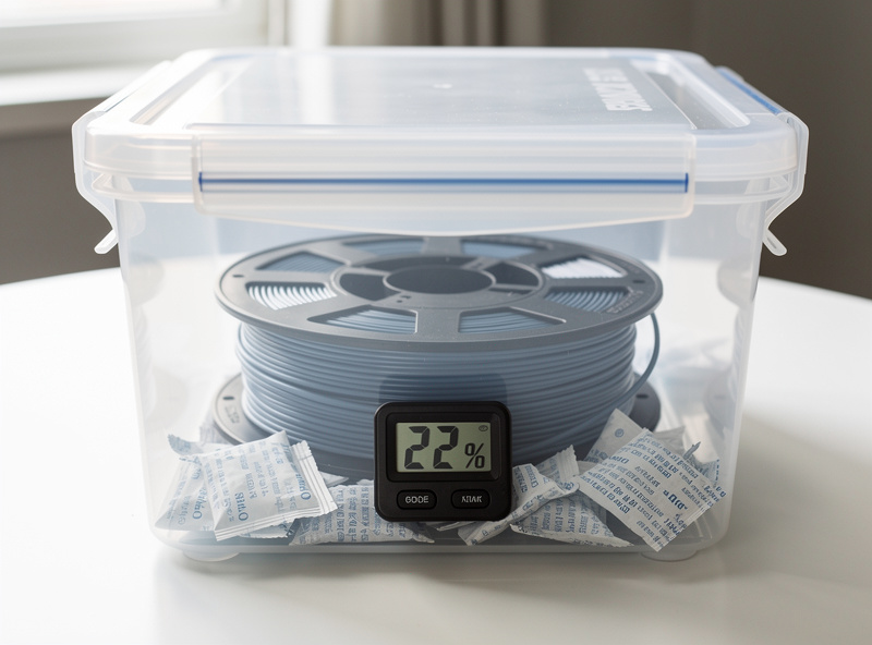 DIY filament dry storage box made from a sealed cereal container with silica gel desiccant packets and a hygrometer reading 22 percent humidity