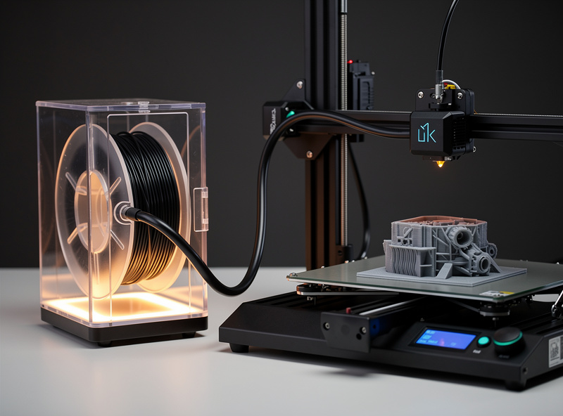 Filament dryer positioned next to a 3D printer with the filament feeding from inside the heated chamber through a PTFE tube directly to the printer extruder