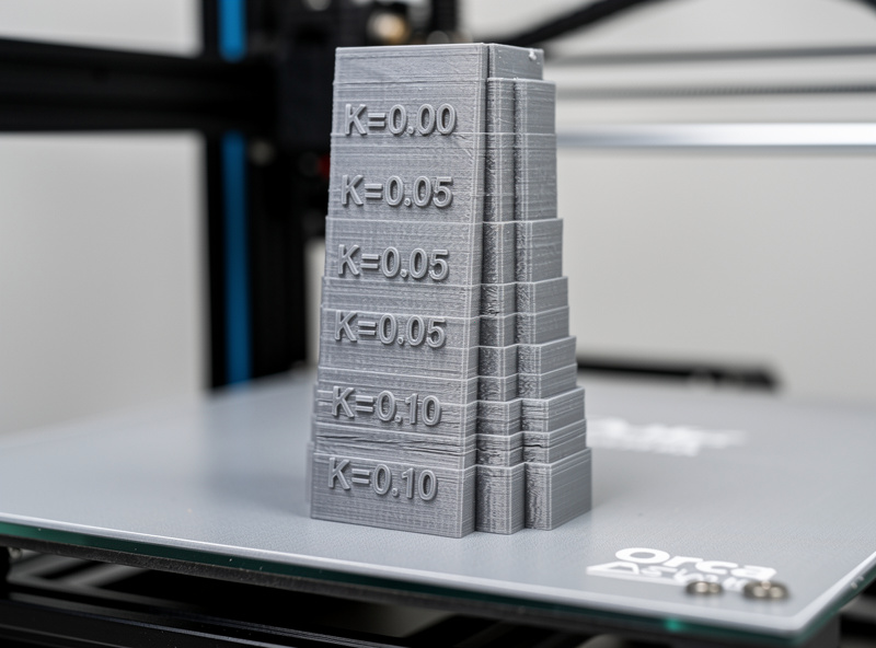 OrcaSlicer pressure advance calibration tower test print on bed with K-factor markings