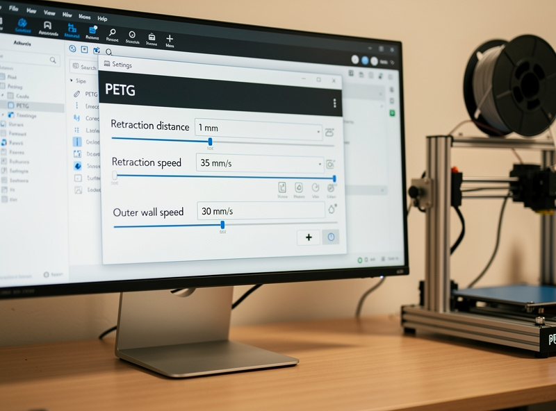 Slicer software window showing PETG print settings with retraction distance and speed values highlighted next to a 3D printer in operation