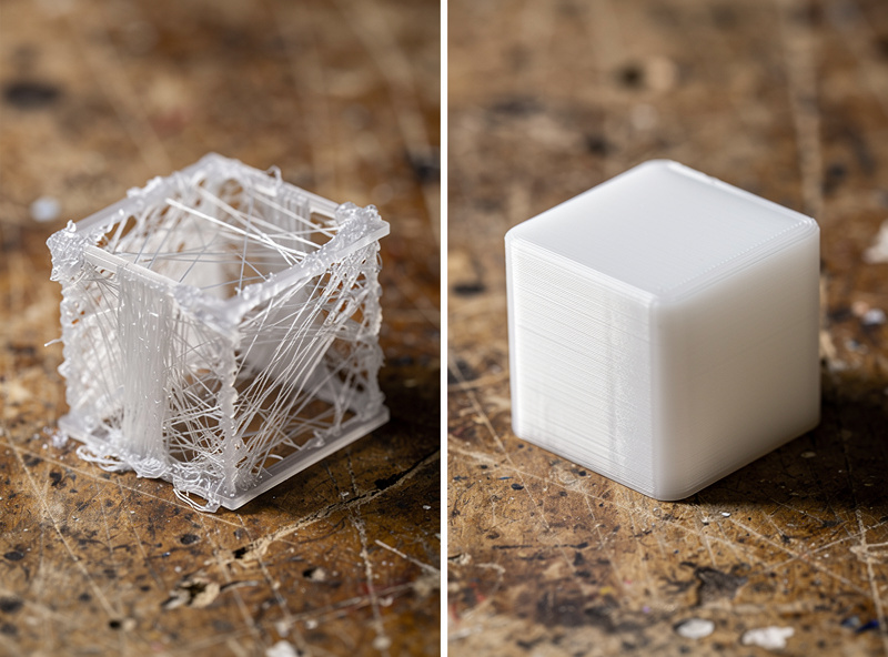 Two PETG print samples on a workbench showing a stringy print before tuning and a clean print after retraction and cooling adjustments side by side