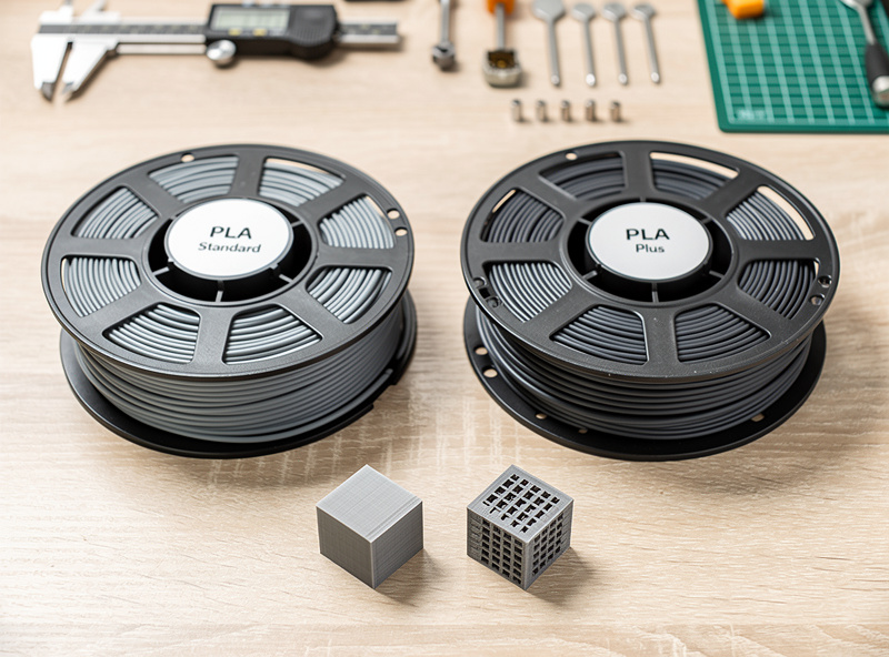 Two filament spools side by side on a workbench labeled PLA and PLA+ with a printed test part next to each spool