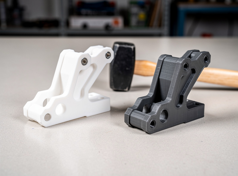 Two 3D printed mechanical brackets one in standard PLA and one in PLA Plus undergoing impact testing with a small hammer to compare strength