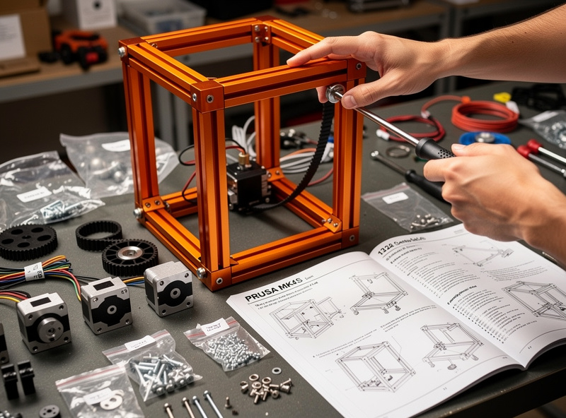 Prusa MK4S kit assembly with parts laid out