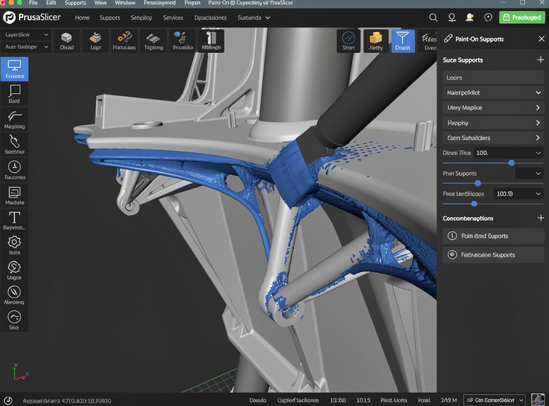 PrusaSlicer paint-on support brush tool being used on a 3D model overhang with blue paint markings