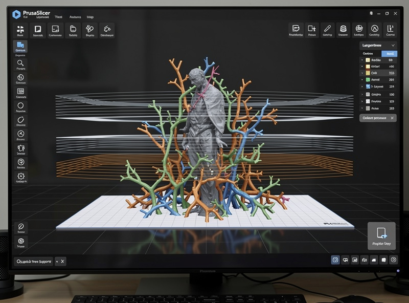 PrusaSlicer organic tree supports rendered around a sculpture model with branching structures