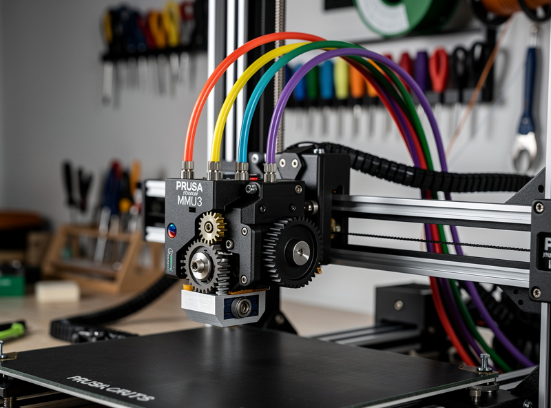 Prusa MMU3 multi-material unit with 5 filament tubes feeding into a print head