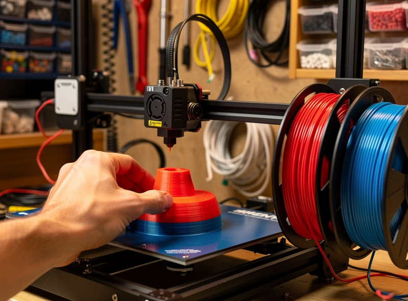3D printer paused mid-print for manual filament color change with hand swapping filament spool