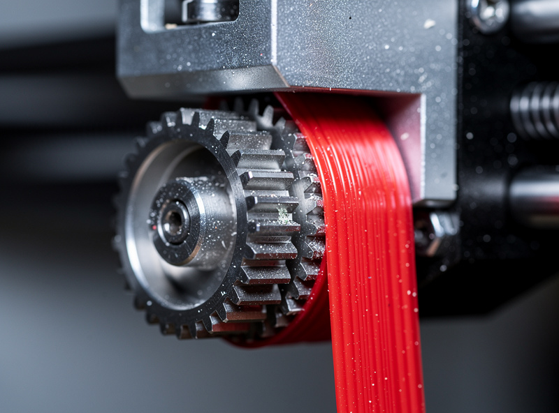 Spool of red TPU 95A filament loaded into a direct-drive 3D printer extruder ready for printing flexible parts