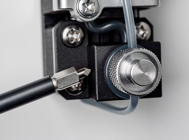 Close-up of a 3D printer direct-drive extruder showing the tension adjustment screw and TPU filament feeding cleanly through the gears