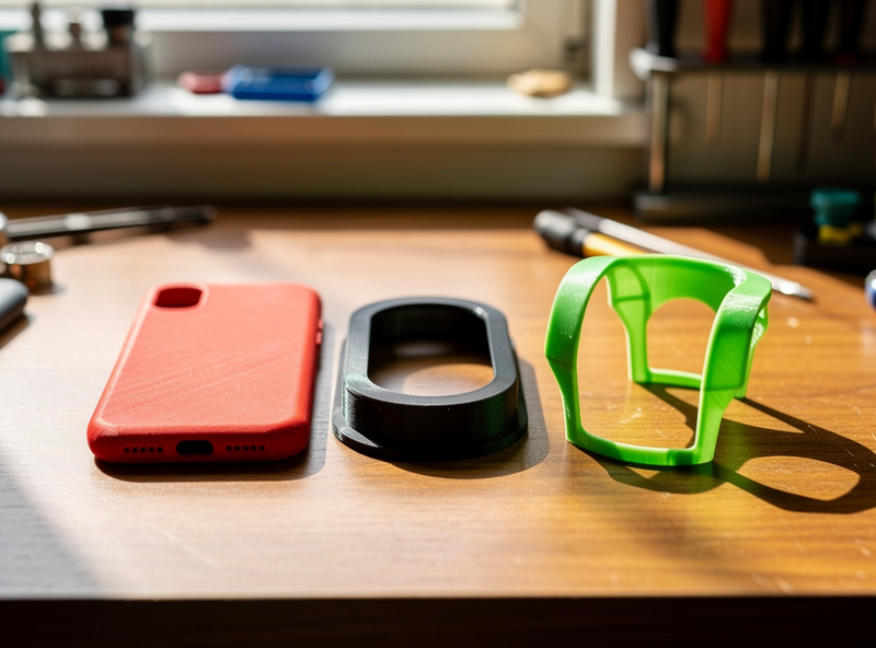Three finished TPU prints on a workbench showing a phone case a flexible gasket and a drone bumper demonstrating the variety of TPU applications