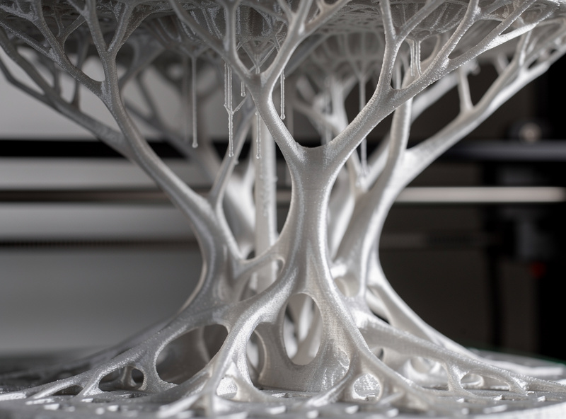 Close-up of tree-style branching 3D printer supports holding a complex model overhang