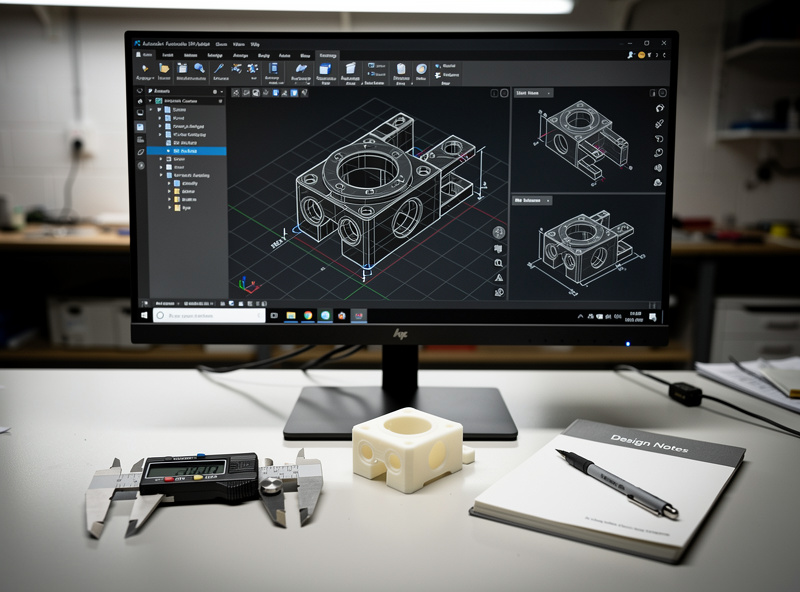 Computer screen showing Fusion 360 CAD software with a parametric mechanical part