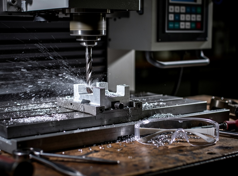 Desktop CNC machine in mid-cut milling an aluminum bracket with chips flying