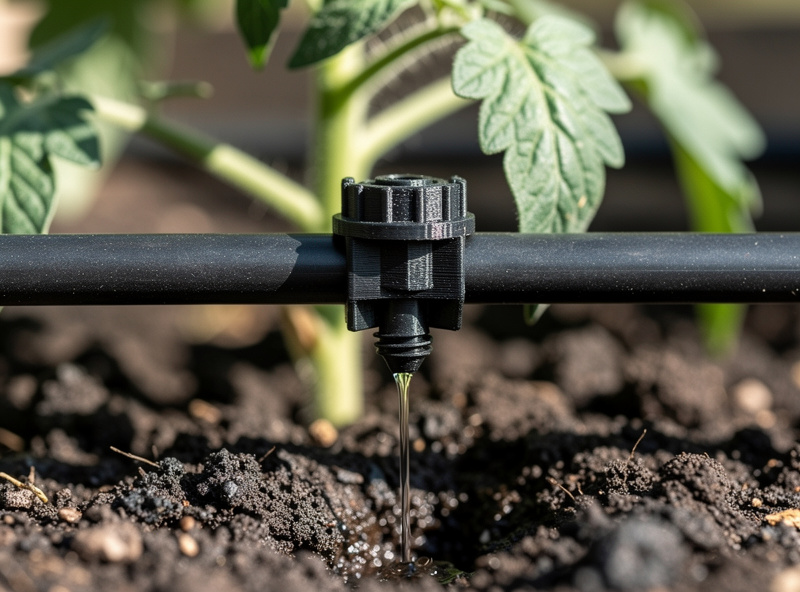 3D-printed black PETG drip emitter installed on quarter-inch garden tubing dripping water onto soil at the base of a tomato plant