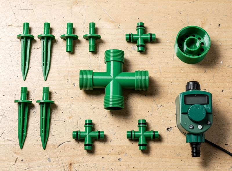 Workshop bench with assorted 3D-printed garden parts manifold splitter drip stakes four-way connectors and hose-end timer adapter all in green PETG