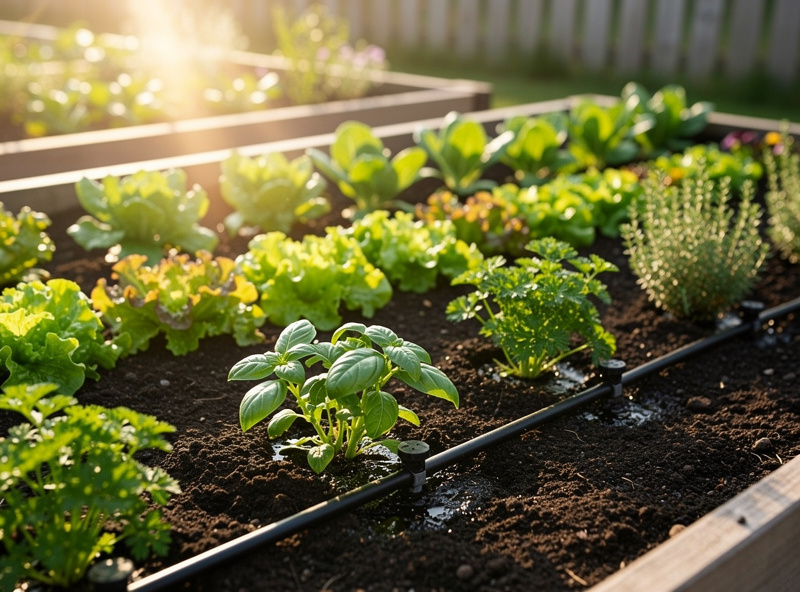 Vibrant raised bed garden with lettuce and herbs in neat rows with thin black drip irrigation line running across the bed with emitters at each plant
