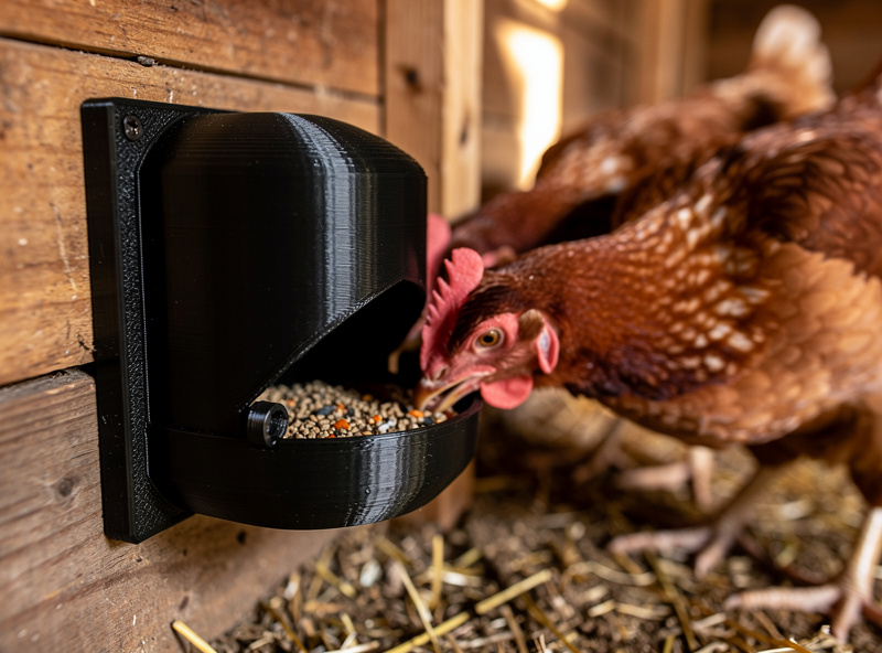 3D-printed gravity feeder mounted on a chicken coop wall with hens feeding