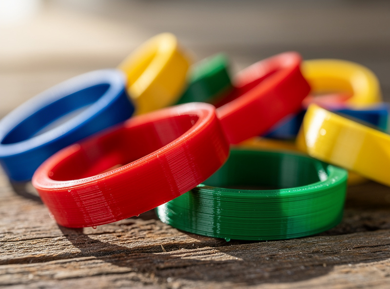 Macro shot of colored 3D-printed chicken leg bands in red, blue, green, and yellow