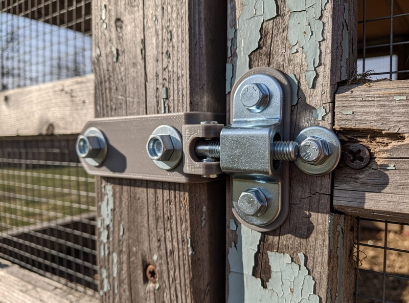 3D-printed predator-proof latch bracket installed on a chicken coop door