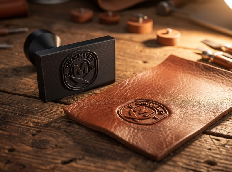 3D printed leather stamp with maker logo next to stamped leather piece on workbench