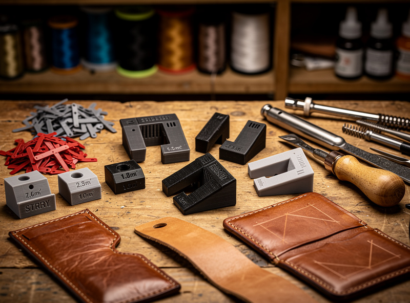 Collection of 3D printed leatherworking jigs and tools on workshop bench with leather pieces