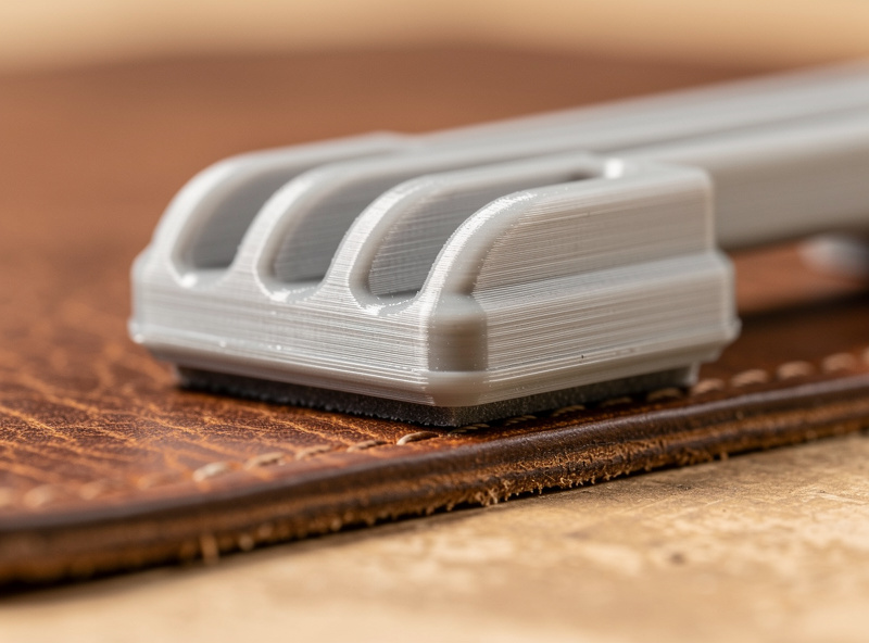3D printed edge slicker burnisher for leatherworking close up on leather surface