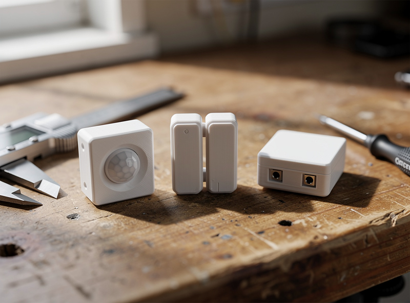 Three white PETG 3D-printed sensor enclosures on a wooden workbench, holding a motion sensor, door contact sensor, and water leak sensor, with a small caliper and screwdriver beside them