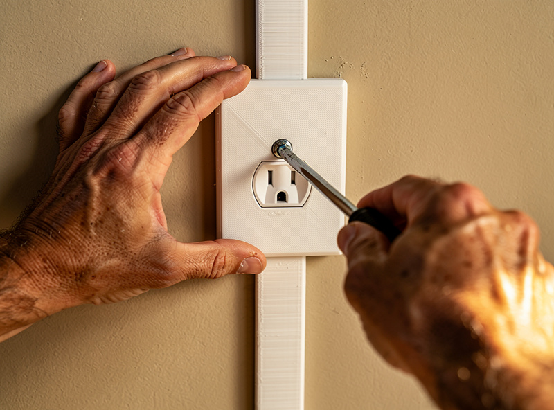 Hands installing a freshly 3D-printed white PETG outlet cover plate onto a wall, with a smart plug and small cable channel visible behind the cover