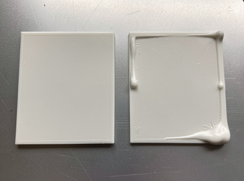 Two 3D printed first layers side by side, one clean and one with under-extrusion gaps and bulging elephant-foot edges