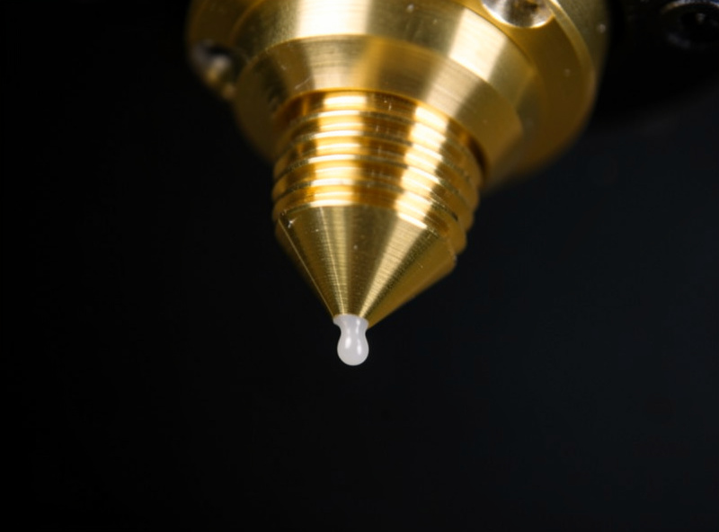 Close-up of a brass 3D printer nozzle with a drip of molten plastic oozing from the tip